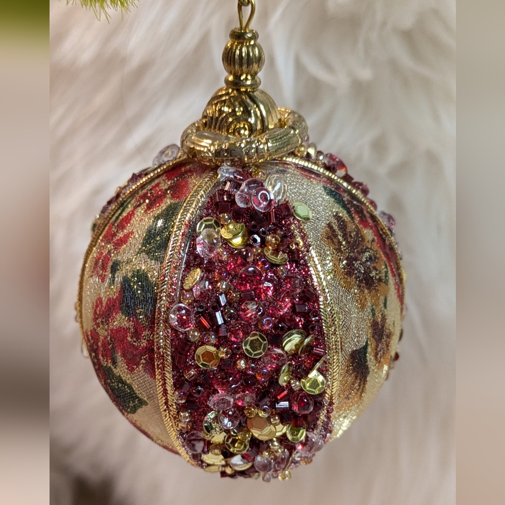 Vintage Glass Sequins Beaded And Gold Trim Ball Christmas Tree Ornament